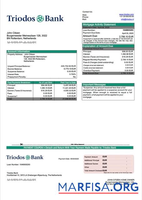Blank Netherlands Triodos Bank mortgage statement Word and PDF template
